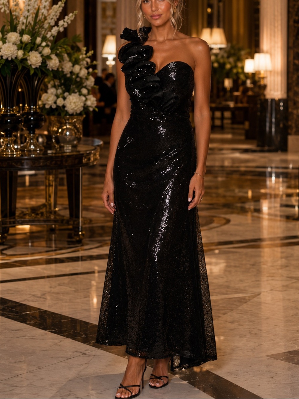 Mac Duggal Black Sequin Ruffled‎ One Shoulder Gown Size 4